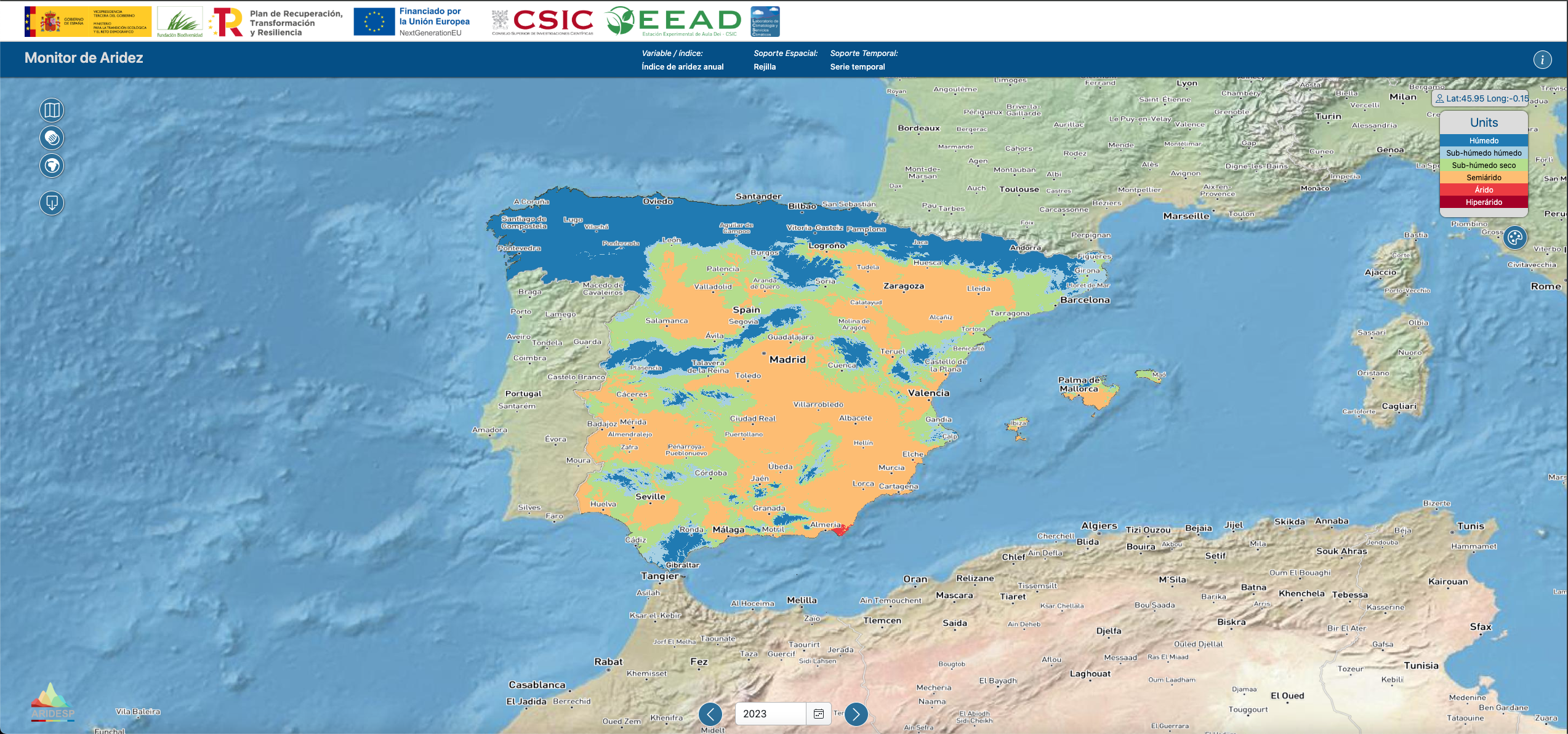 Captura de pantalla del Monitor de Aridez Climática